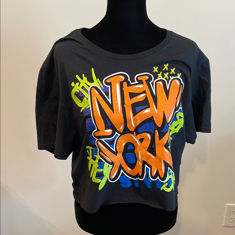 Juniors Crop Graphic Tee - Black with Orange and Green Print